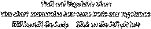 Fruit and Vegetable Chart
This chart enumerates how some fruits and vegetables 
Will benefit the body.    Click on the left picture
